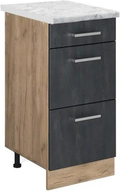 Vicco Küchenunterschrank R-Line Schubladenschrank in Schwarz Beton mit Eiche Korpus und Weiß-Marmor Arbeitsplatte, Breite: 40 cm - Bild 2