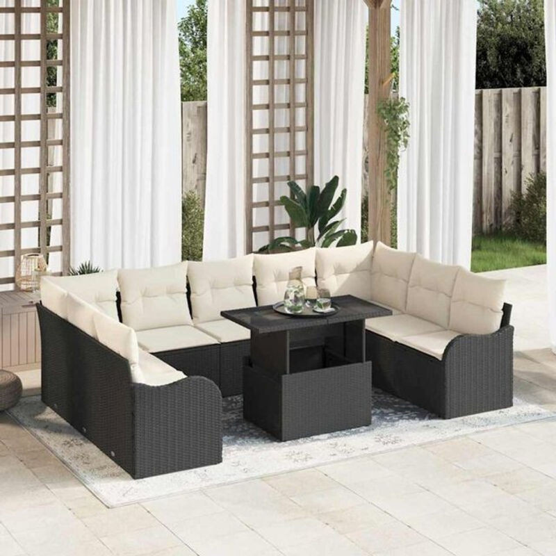 Vidaxl Garten-Sofa-Set aus Poly-Rattan mit 10 Kissen in Schwarz, modernes Design - Bild 1