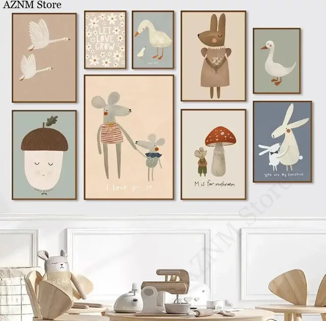 Potdemiel Boho Leinwand Wandkunst mit Tier-Motiven Maus Gans und Pilzen in Mehrfarbig für das Kinderzimmer - Bild 1