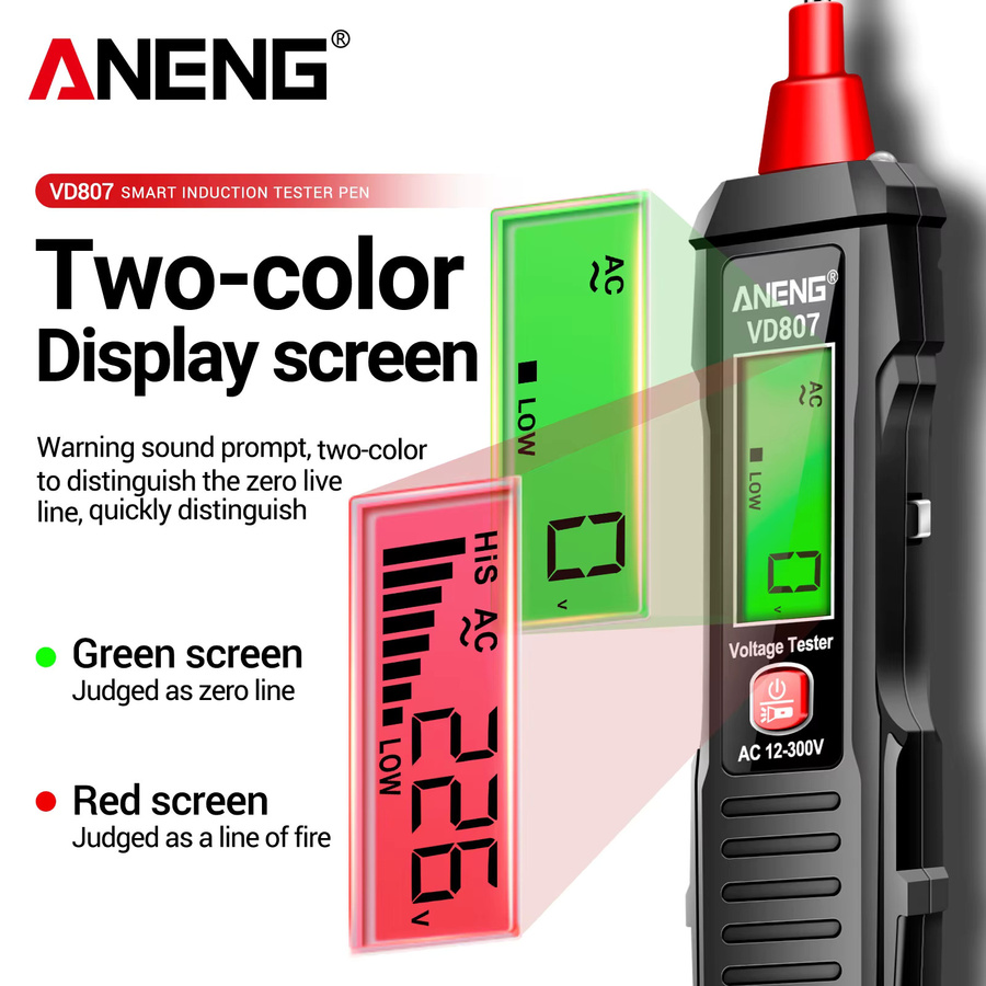 ANENG VD807 Berührungsloser Spannungsprüfer AC 12-300V 50/60Hz NCV Live-Neutralleiter-Detektor mit Ton- und Lichtalarm in Schwarz - Bild 3