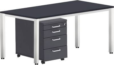 BEXXSTAR Schreibtisch-Komplettset mit Rollcontainer in Schwarz mit Quadratrohrfuß und Breite: 160 cm - Bild 1