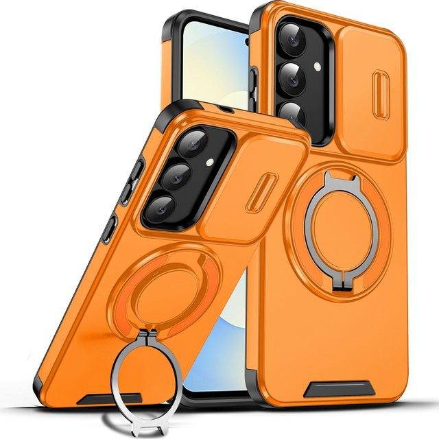 Magnetische Handyhülle mit Ringhalter und Schiebeobjektivschutz für Samsung Galaxy S26 S25 S24 S23 Ultra FE Plus 5G, stoßfeste Panzerhülle in Gelb oder Pink - Bild 1
