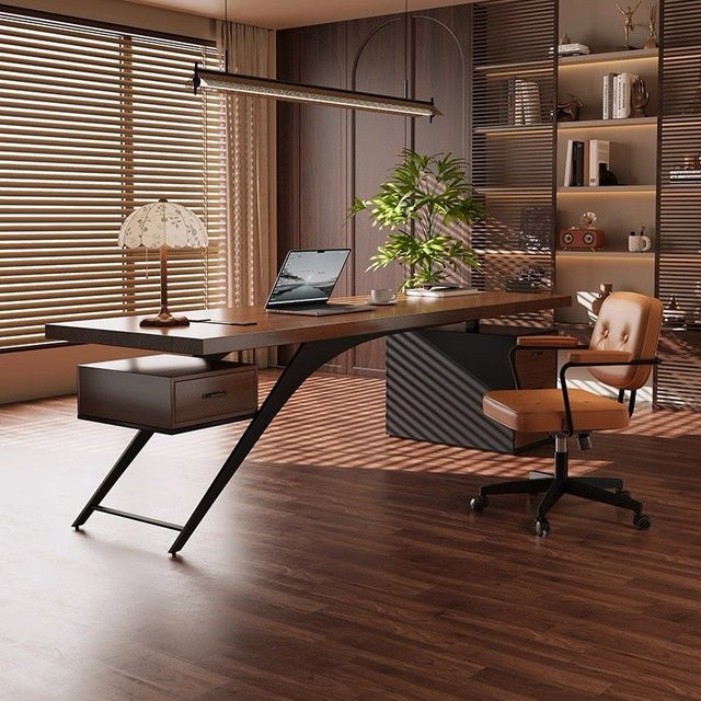 ZHIO Moderner Schreibtisch aus Holz mit Schubladenelement in Braun Matt - Bild 1
