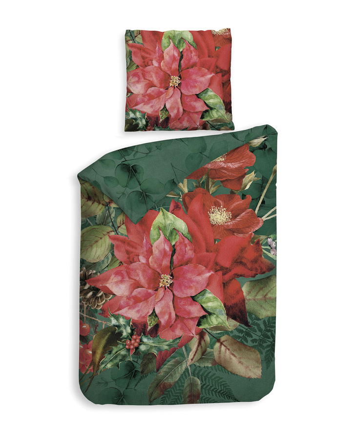 Heckett & Lane Mako-Satin Bettwäsche mit floralem Pflanzenmuster in Castor Green und Rot, Wende-Set aus Baumwolle, B/H: 135 x 200 cm und 80 x 80 cm - Bild 1