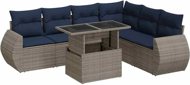 vidaXL 7-tlg Garten-Sofagarnitur in L-Form aus Poly Rattan und Akazie mit grauen Kissen - Bild 1