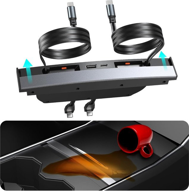 MIYOKAKING USB-Hub-Ladegerät für Tesla Model Y 2020-2024 und Model 3 2020-2023 mit Schnellladung und einziehbaren USB-C Kabeln, Schwarz - Bild 1