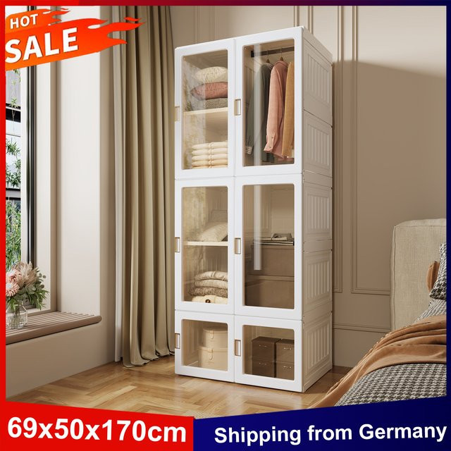 Anajqaqia Kleiderschrank mit Kleiderstange und magnetischen Türen, faltbarer Mehrzweckschrank für Schlafzimmer und Wohnzimmer, Weiß, B/T/H: 69 x 50 x 170 cm - Bild 1