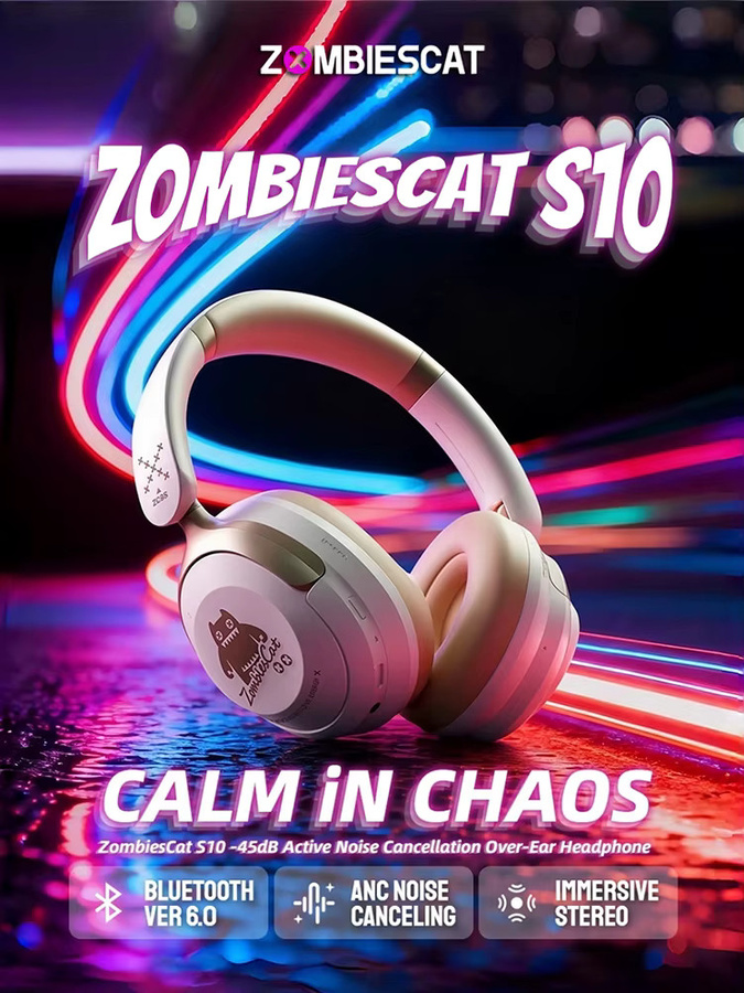 Zombies Cat S10 ANC Bluetooth 6.0 Over-Ear Kopfhörer mit 45 dB aktiver Geräuschunterdrückung in Schwarz - Bild 7
