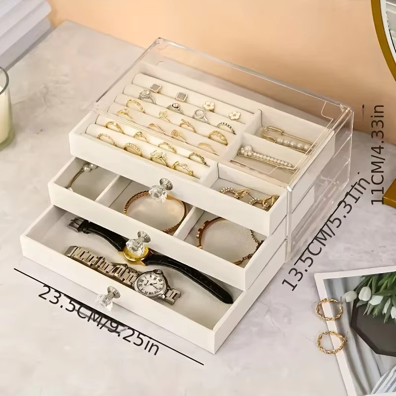Staubdichte Schmuck-Organizer-Box aus Acryl in Transparent, 3-stufige rechteckige Tischvitrine zur Aufbewahrung von Schmuck - Bild 1