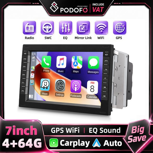 Podofo Android Autoradio mit 4G und 64G Speicher für VW Passat Bora Tiguan Golf Jetta Polo und Skoda inklusive GPS, FM, RDS sowie Wireless Carplay und Android Auto in Schwarz, 2DIN Multimedia Stereo - Bild 1