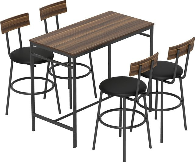 HOMCOM Bartisch-Set im Industrial-Design mit 4 gepolsterten Barhockern, Esstisch aus Holz und Metall in Braun und Schwarz für Küche und Esszimmer - Bild 1