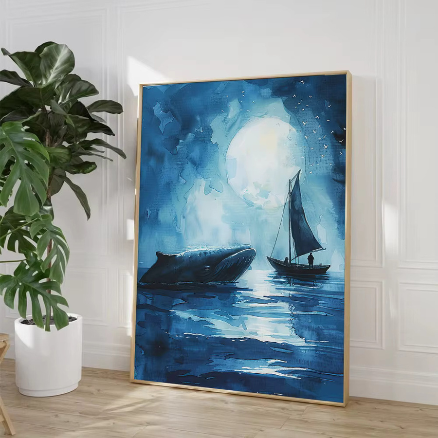 Potdemiel Leinwand Wandkunst Poster Blauwal Mond Stern Segelboot Meer Ozean für Kinderzimmer Dekoration in Blau - Bild 3
