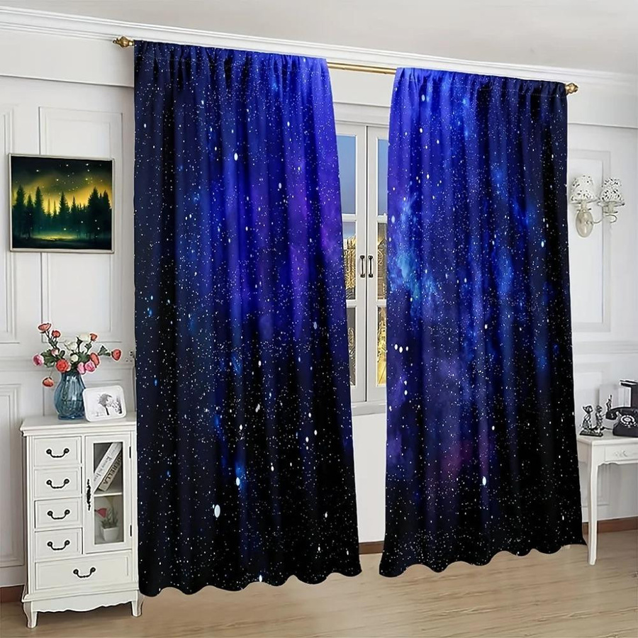 Yiran Furniture Fenstervorhänge mit Weltraum-Sternenhimmel und Galaxy-Universum Motiv, 2er-Set aus Polyester, semi-transparent, Breite: 65 cm, Höhe: 60 cm - Bild 1
