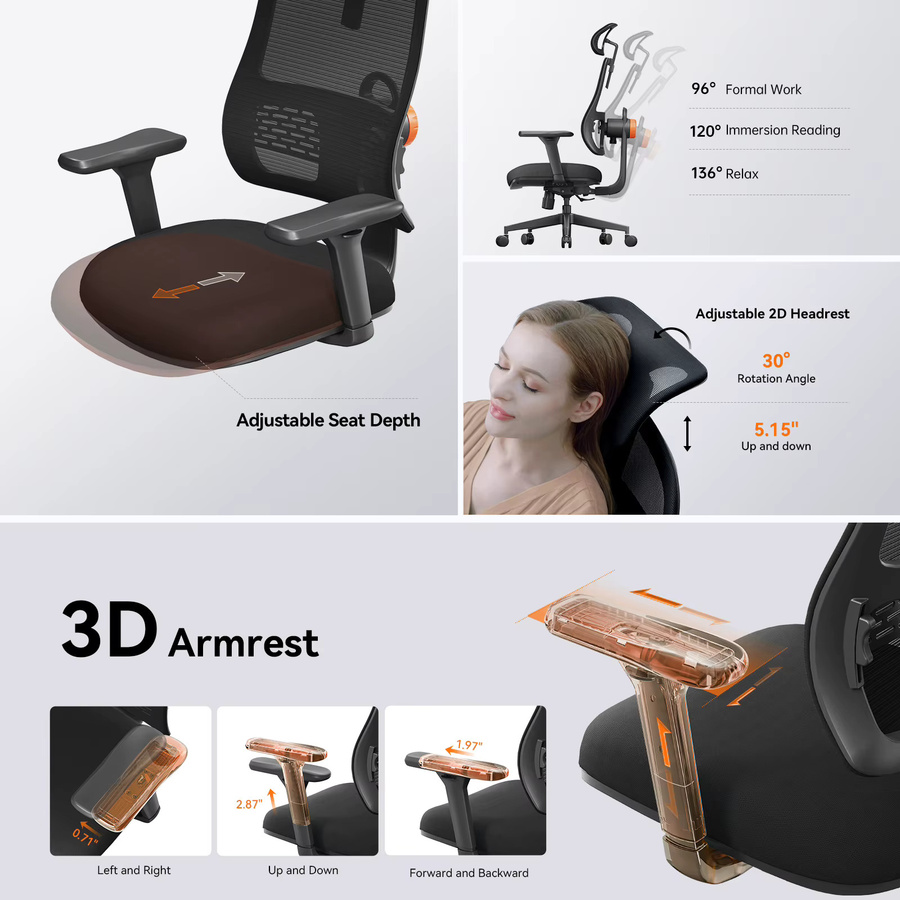 NEWTRAL Ergonomischer Bürostuhl in Schwarz mit verstellbarer Kopfstütze, Sitztiefe und adaptiver Lendenwirbelstütze - Bild 6
