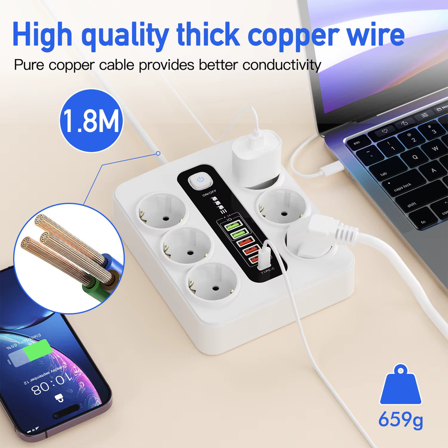 Steckdosenleiste mit Sicherheitsschalter und USB-Typ-C-Anschlüssen, 2 m Kabel, 3000 W mit Überlastschutz für Büro und Zuhause - Bild 2