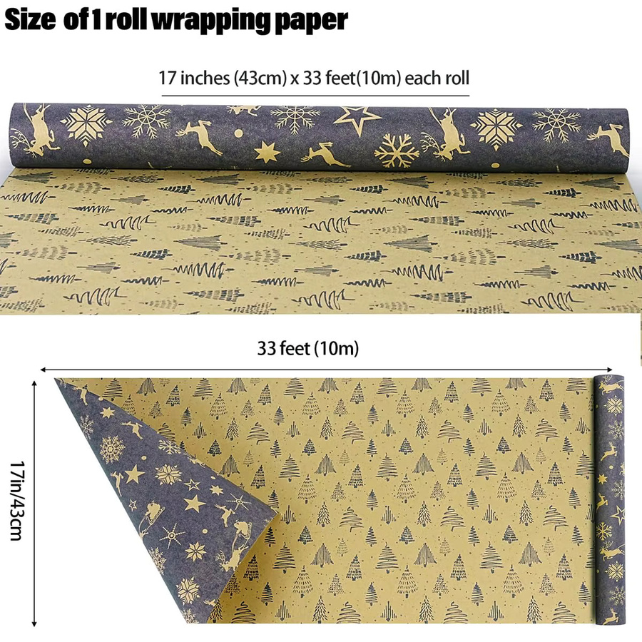 Weihnachts-Geschenkpapierrolle aus Vintage-Kraftpapier in Marineblau und Braun, 1 Rolle - Bild 2