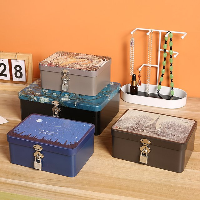Retro-Aufbewahrungsbox aus Metall mit bedrucktem Schloss für Schmuck und Dokumente, Mehrfarbig, B/T/H: 17,5 x 7,5 x 1,0 cm - Bild 1
