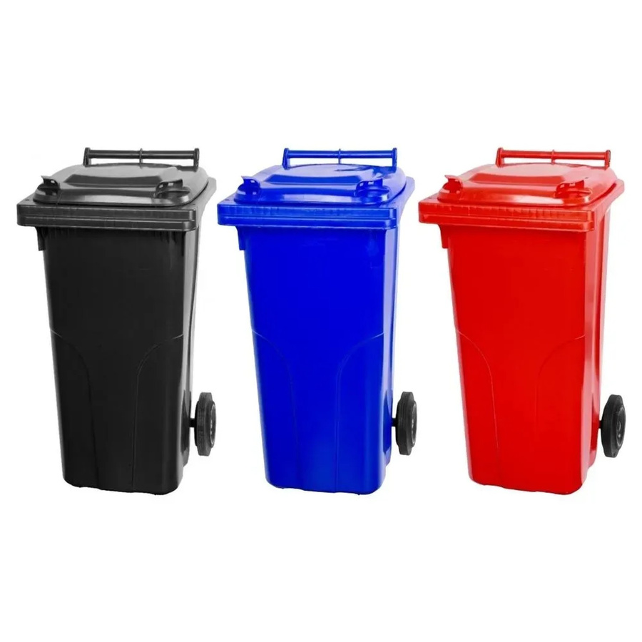PROREGAL SuperSparSet 3er Pack Mülltonnen mit 2 Rädern aus HDPE-Kunststoff, 120 Liter, Farben: Grau, Schwarz, Blau und Rot - Bild 2