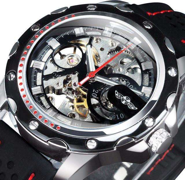 WINNER Armbanduhr, Automatik, Edelstahl, Kautschukarmband, Herren, Schwarz - Bild 1