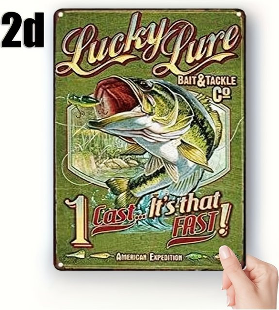 Lucky Pure Bait & Tackle Metall-Blechschild Vintage-Angelposter mit großem Mundbarsch in Grün - Bild 1