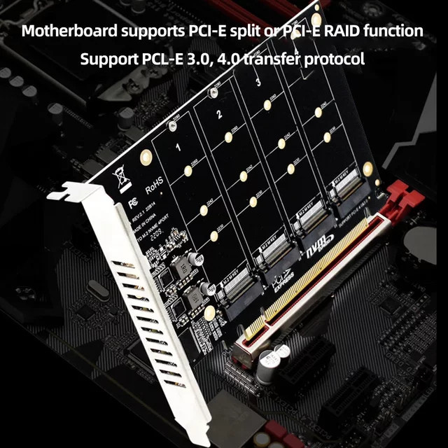 4-Port M.2 NVMe SSD zu PCIe x16 Erweiterungskarte mit LED-Anzeige in Schwarz - Bild 1