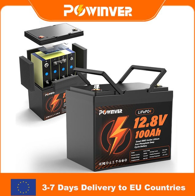 POWINVER LiFePO4 Lithium-Eisenphosphat-Batterie 12,8V 100Ah mit integriertem Smart BMS in Schwarz für Solarsysteme, Wohnmobile, Boote und Marine - Bild 1