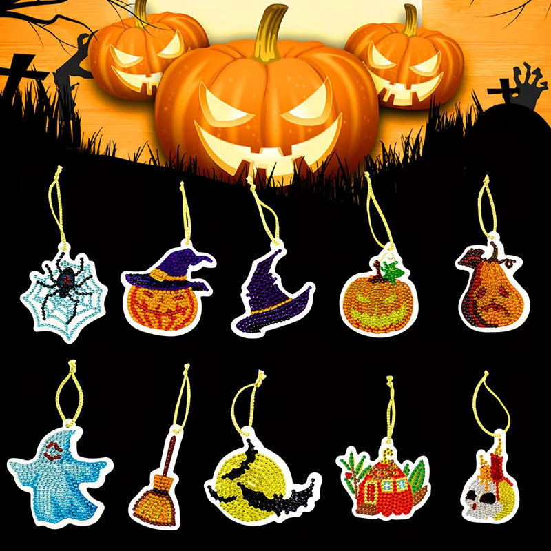10er Set DIY Diamantmalerei Halloween Anhänger mit Kürbis, Spinne und Geist als Mosaik-Ornament in Mehrfarbig - Bild 3
