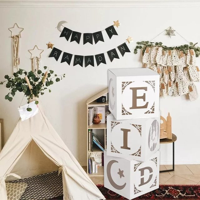 3er Set Eid Mubarak Geschenkboxen aus Papier in Weiß mit Mond und Sternen für Ramadan und Al-Fitr Dekoration - Bild 1