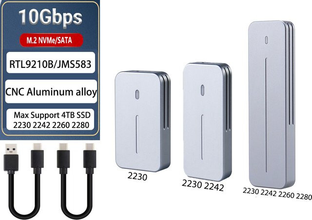 IRhasta M.2 NVMe NGFF SSD-Gehäuse aus CNC-Aluminium in Silber mit USB 3.2 Gen 2 10 Gbit/s und USB-C für MKey M&BKey M.2 2230 2242 2280 - Bild 1