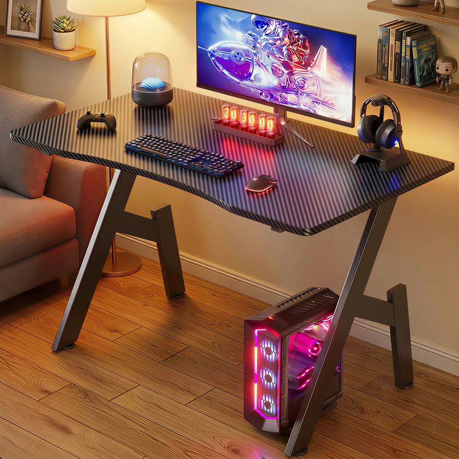 FRODROVIA Gaming-Schreibtisch in Schwarz mit Carbon-Faser-Optik, moderner A-förmiger Bürotisch mit Getränkehalter und Kopfhörerablage - Bild 2