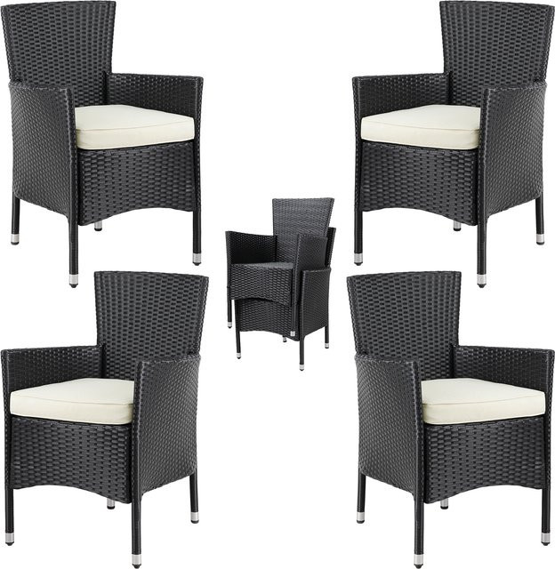 CASARIA Polyrattan Gartenstuhl 4er-Set in Schwarz und Beige mit stapelbaren Sitzmöbeln und Polstern - Bild 1