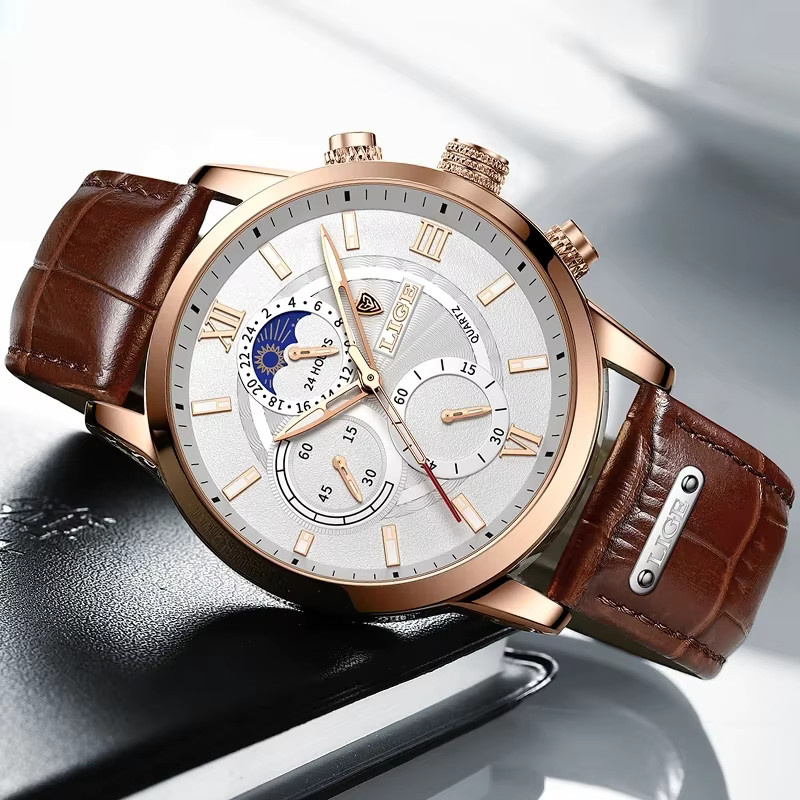 LIGE Chronograph Armbanduhr, Leder, Quarz, Roségold, Herren - Bild 2