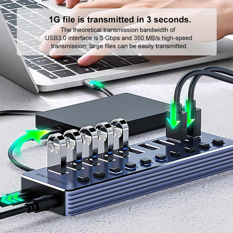 ORICO USB 3.0 Hub mit 10 Ports und Ein/Aus-Schalter, grauer USB-Splitter mit EU-Netzadapter für Laptop - Bild 4