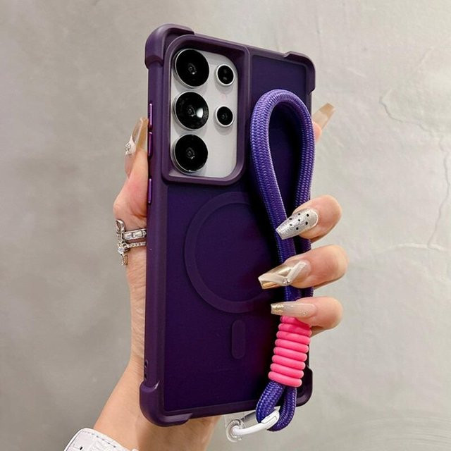 Magnetische Schutzhülle für Samsung Galaxy S23 S24 S25 S26 Ultra Plus mit Airbag-Schutz und Lanyard Armband in Transparent und Purple - Bild 1