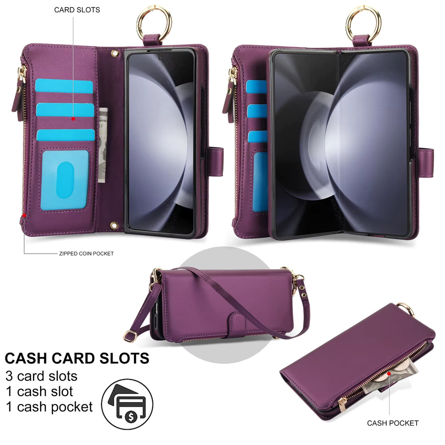 Leder-Handyhülle mit Reißverschluss und Kartenfach für Samsung Galaxy Z Fold 7, 6, 5, 4, 3 in Weiß mit Armband, Ringhalter und Ständer-Funktion - Bild 4