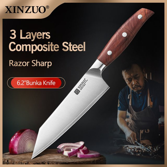 XINZUO Bunka-Messer Santoku aus 3-lagigem Verbundstahl, 15,24 cm, Silber - Bild 1