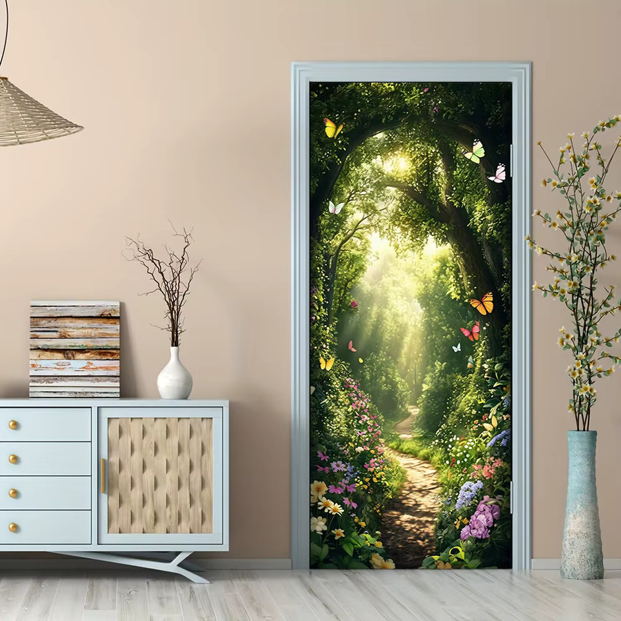 Selbstklebender Türaufkleber mit Waldmotiv, Schmetterlinge und Sonnenschein in Mehrfarbig - Bild 2