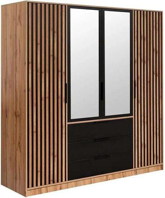 Vente-unique Kleiderschrank Lirmada in Schwarz und Naturfarben Hell mit integrierten Schubladen und Spiegeltüren, Höhe: 196 cm - Bild 1