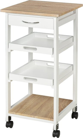 HOMCOM Servierwagen Küchenwagen mit Rollen und 2 abnehmbaren Tabletts, Schublade und Regal, Farbe Weiß und helle Eiche, Aosom