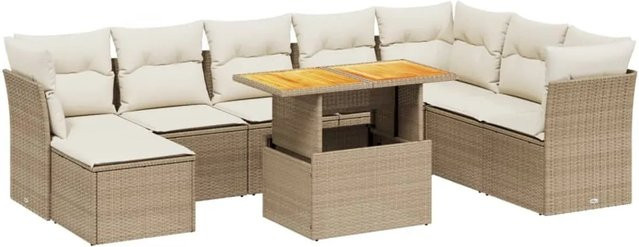 vidaXL 9-teilige Garten-Sofagarnitur aus Poly-Rattan und Akazienholz in Beige-Creme mit Kissen - Bild 1