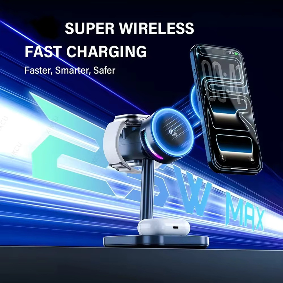 XIKCU Magnetisches Qi2 25W Kabelloses Ladegerät mit LED-Licht und Luftkühlung für iPhone, Apple Watch und AirPods Pro in Grau - Bild 5