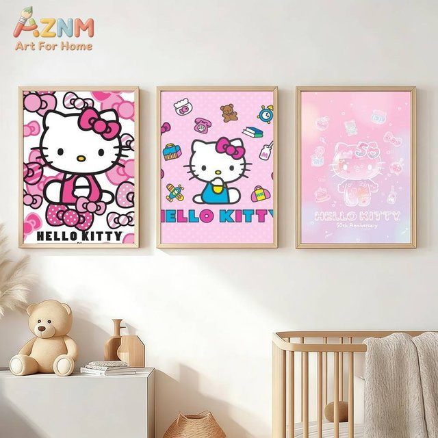 AZNM Hello Kitty Sanrio Leinwand-Wandkunst zum 50. Jubiläum, rosa Cartoon-Katzen-Poster ohne Rahmen, Motiv C - Bild 1