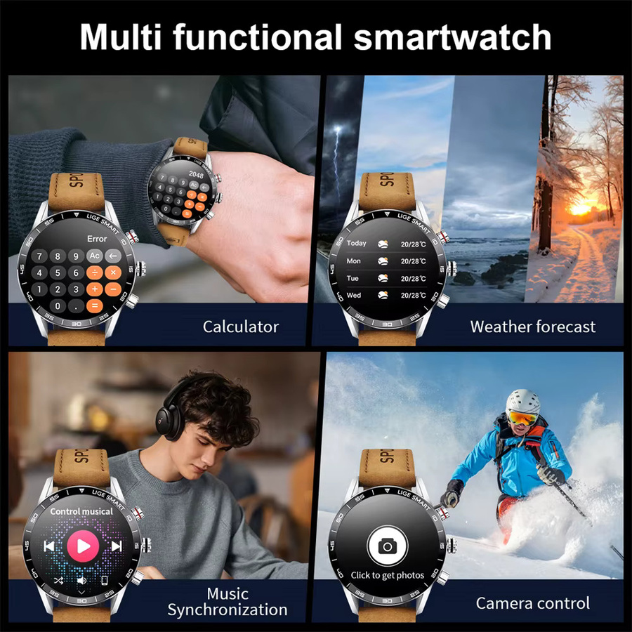 LIGE Smartwatch, Herren, Leder, Schwarz, 1,39 Zoll, Bluetooth - Bild 3