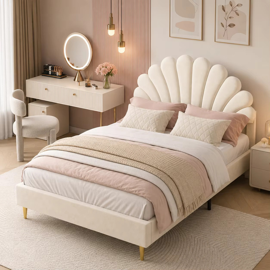 MEXUS Gepolstertes Doppelbett mit blütenförmigem Kopfteil in Beige, Samt-Design, B/T: 140 x 200 cm - Bild 3