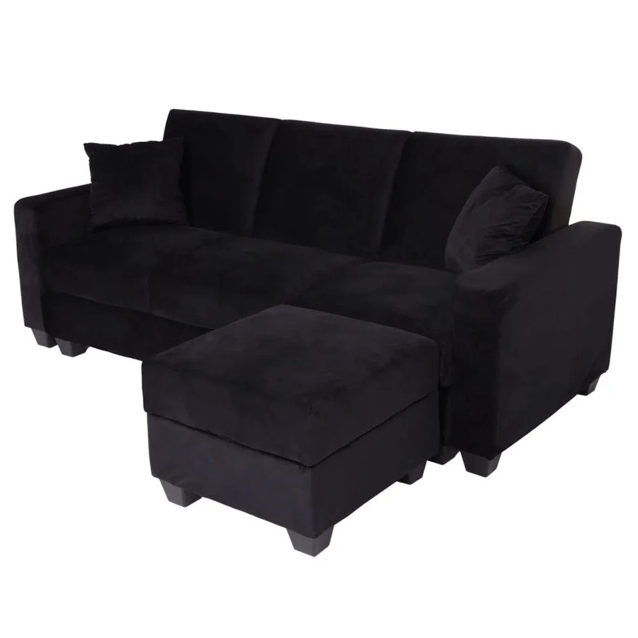 MCW Sofa H47 mit Ottomane, L-Form Ecksofa mit Schlaffunktion und Stauraum, Samt Schwarz, B/T/H: 217 x 145 x 89 cm - Bild 3