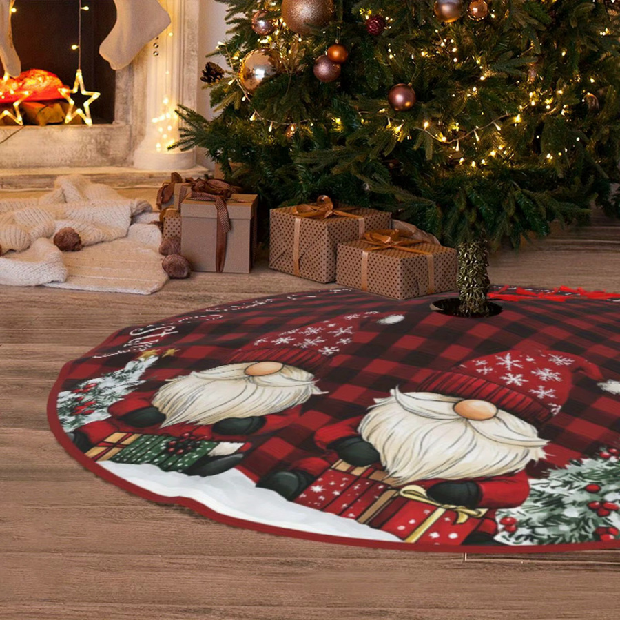 VIKAMA Weihnachtsbaumrock mit Zwerg- und Geschenkdesign in Rot, runde Baummatte aus Textil - Bild 2
