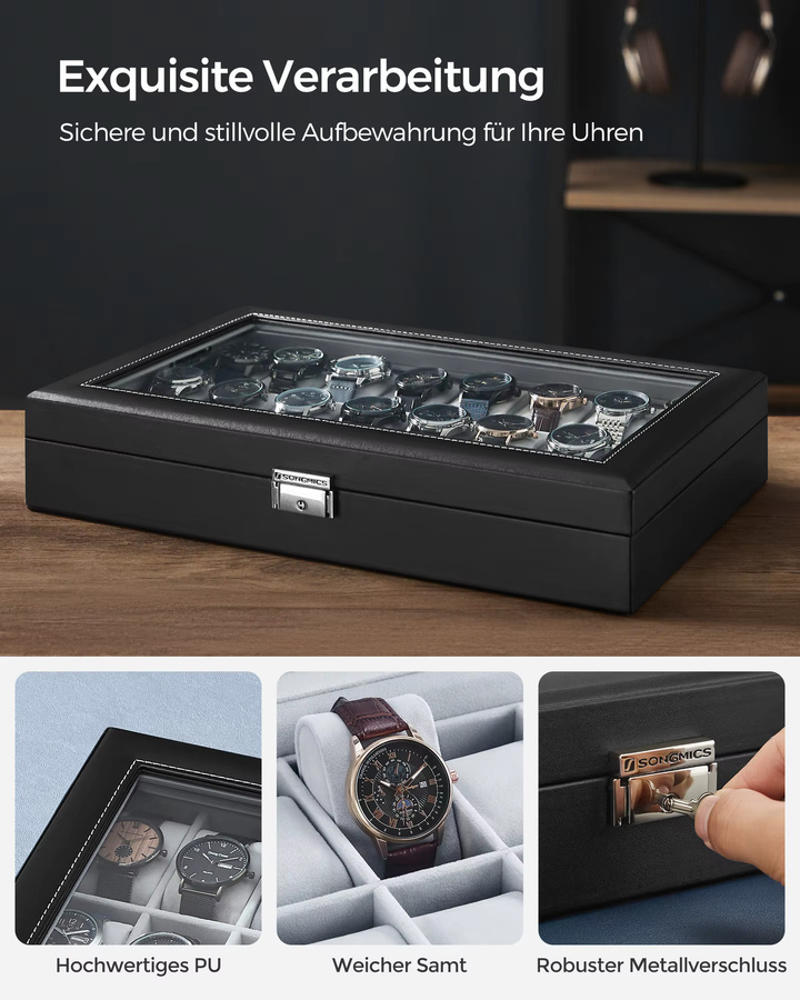 SONGMICS Uhrenbox, 24 Fächer, Glasdeckel, Schwarz, Unisex - Bild 4