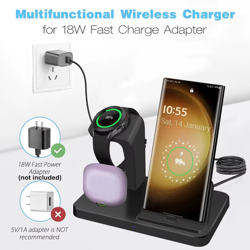 VIKEFON 3-in-1 USB-C Schnellladestation und drahtloser Ladeständer für Samsung Galaxy Watch 6 5 Pro, S23 Ultra, S22, S21 sowie Xiaomi und Huawei in Schwarz - Bild 2