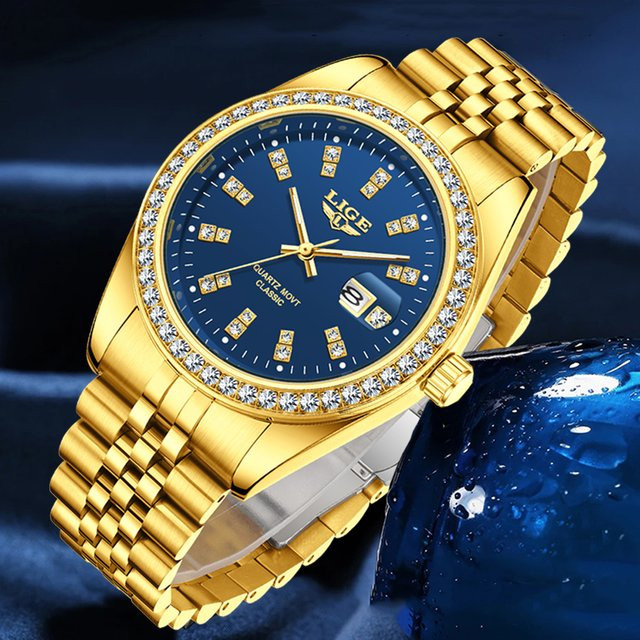 LIGE Armbanduhr Quarz, Edelstahl, Bicolor, Gold, Blau, Diamantbesetzt, Herren - Bild 1