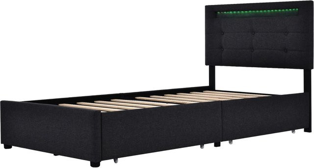 okwish Polsterbett mit LED-Beleuchtung und Schubladen in Schwarz für Kinderzimmer und Schlafzimmer, B/T/H: 90 x 200 x 100,5 cm - Bild 1